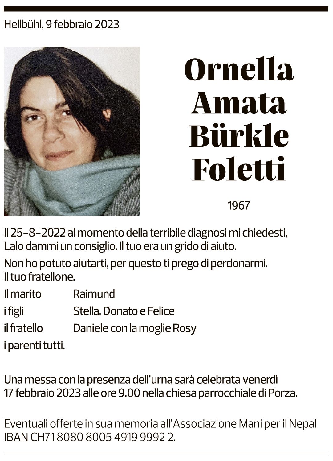 Annuncio funebre Ornella Amata Bürkle Foletti