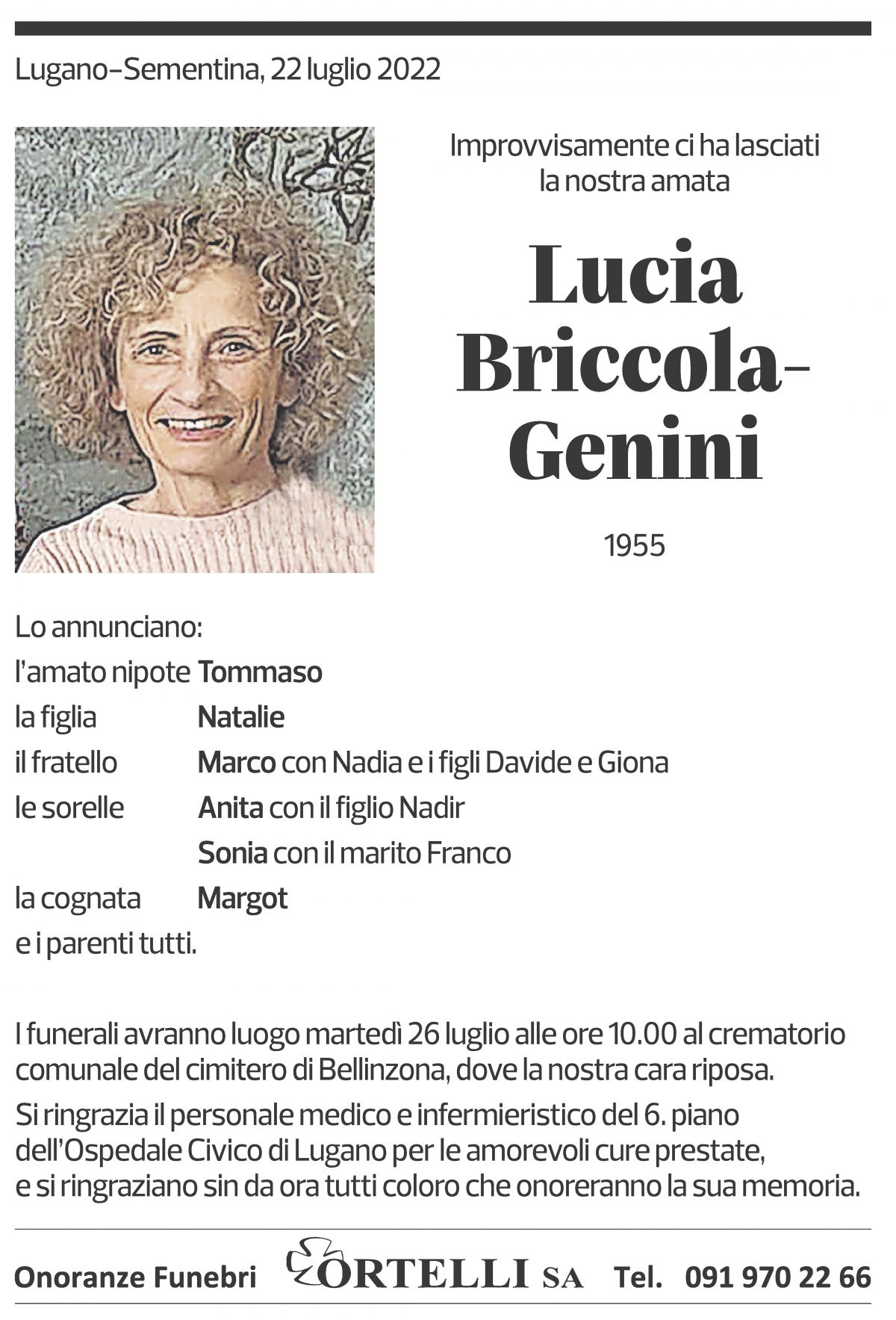 Annuncio funebre Lucia Briccola-genini