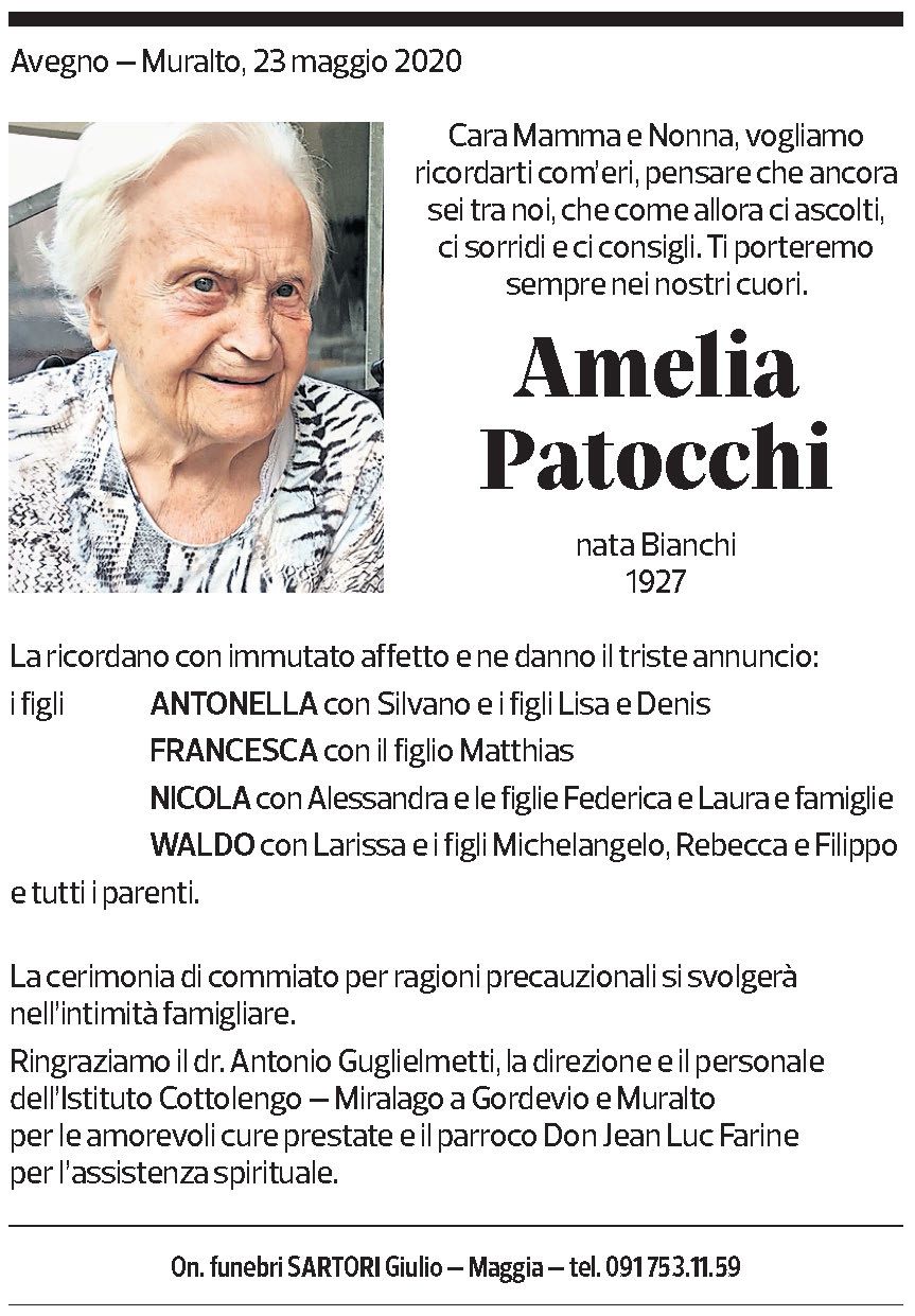 Annuncio funebre Amelia Patocchi