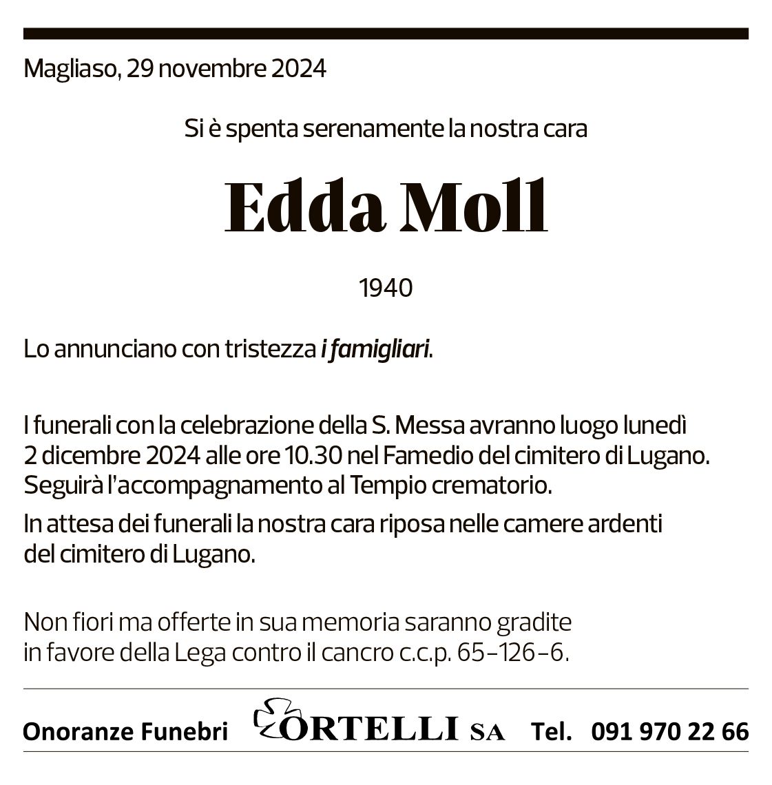 Annuncio funebre Edda Moll