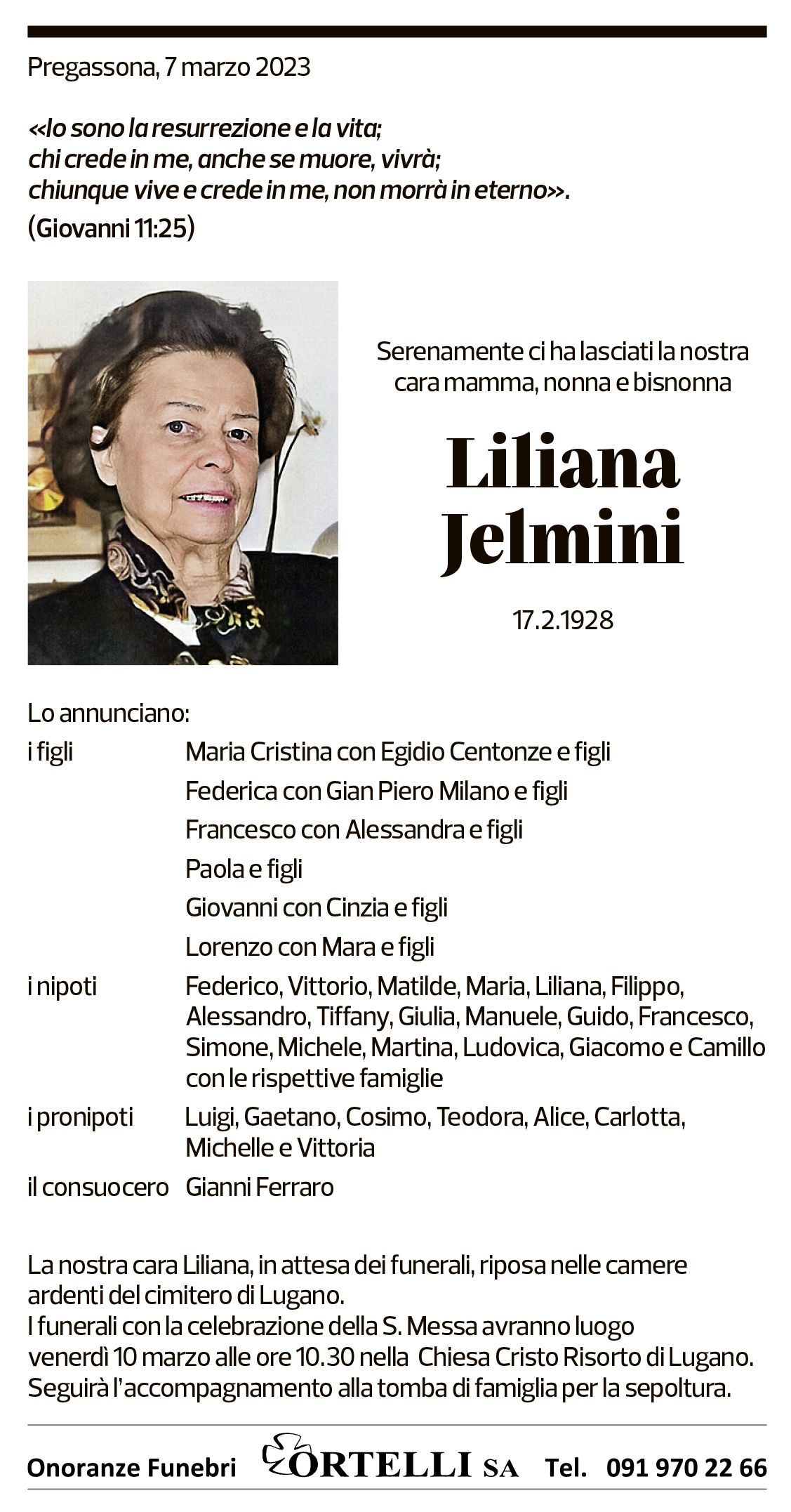 Annuncio funebre Liliana Jelmini