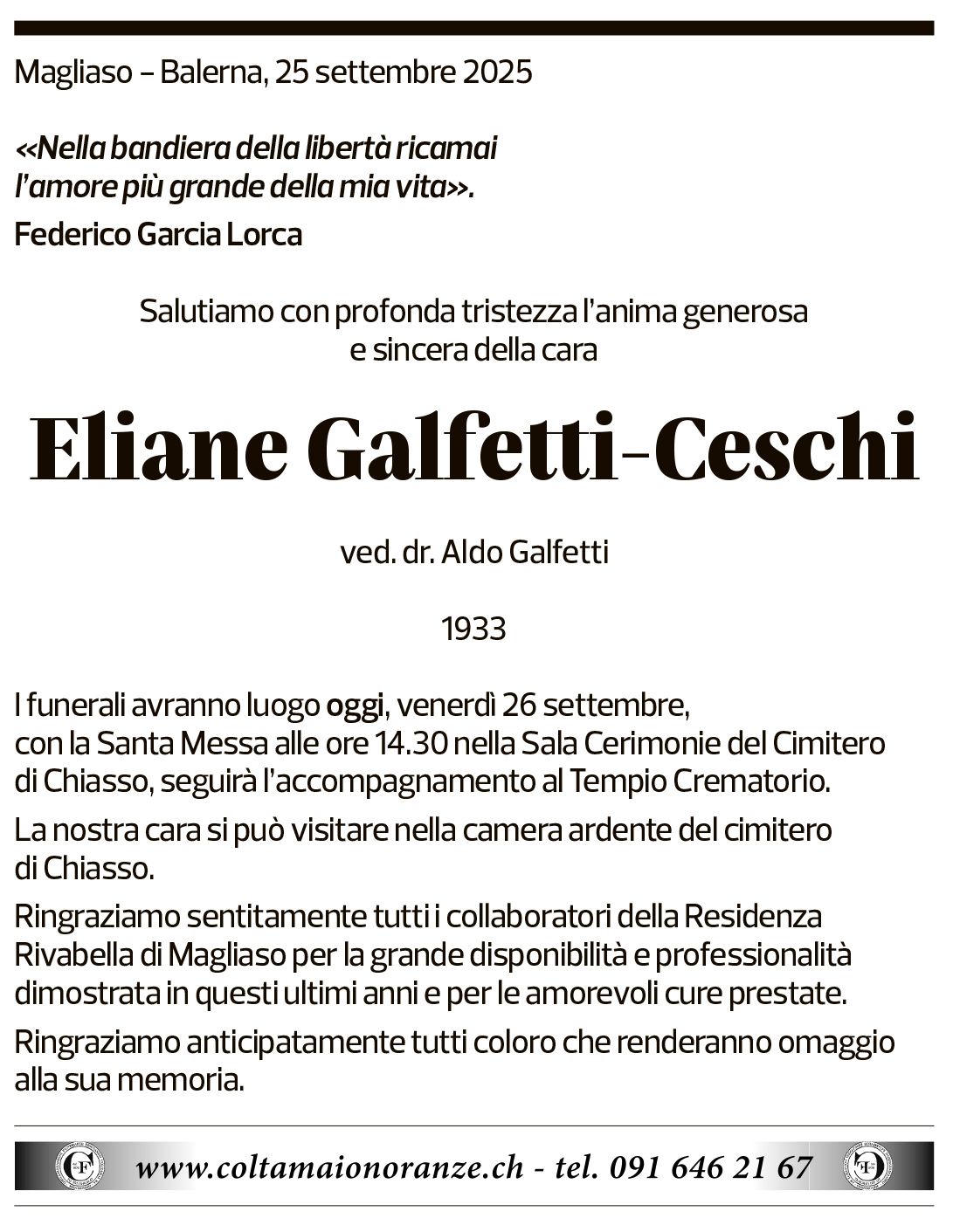 Annuncio funebre Eliane Galfetti-ceschi
