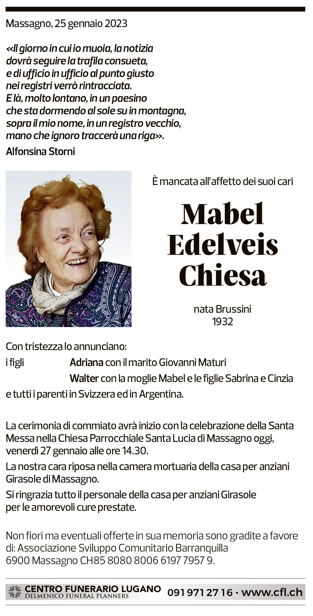 Annuncio funebre Mabel Edelveis Chiesa