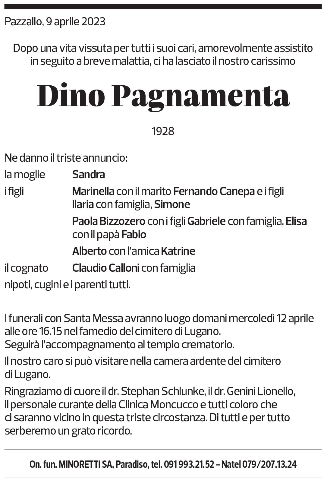 Annuncio funebre Dino Pagnamenta