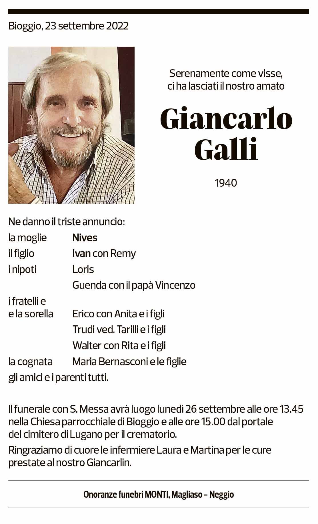 Annuncio funebre Giancarlo Galli