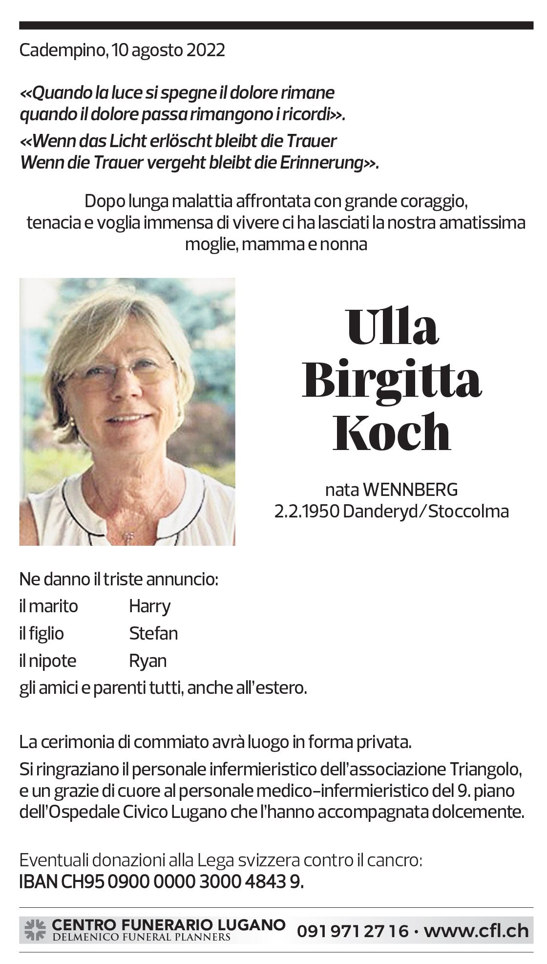 Annuncio funebre Ulla Birgitta Koch