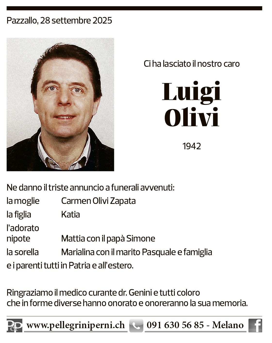 Annuncio funebre Luigi Olivi