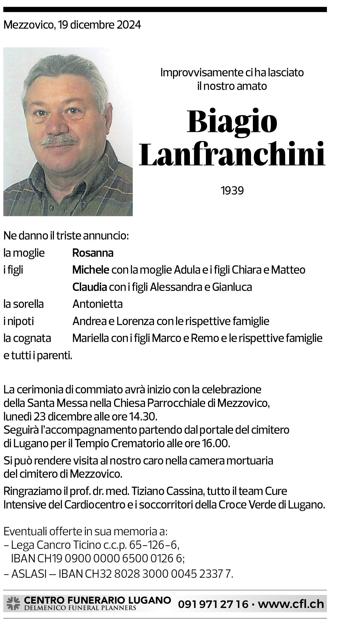 Annuncio funebre Biagio Lanfranchini