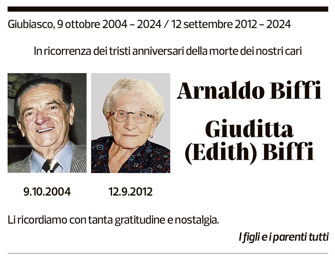 Annuncio funebre Arnaldo E Giuditta Biffi