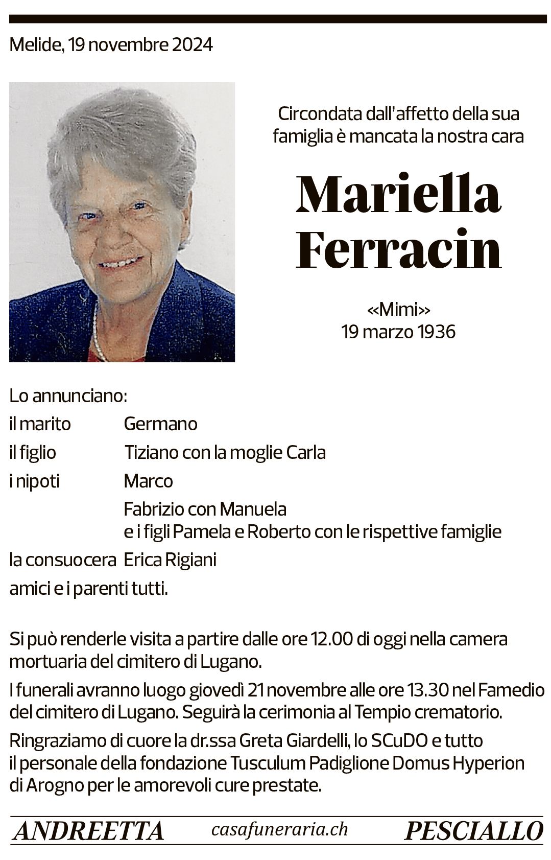 Annuncio funebre Mariella Ferracin