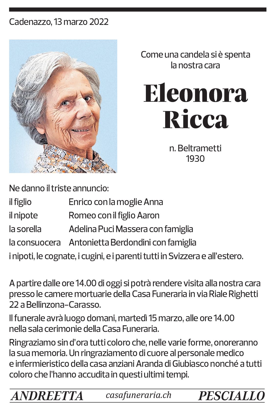 Annuncio funebre Eleonora Ricca