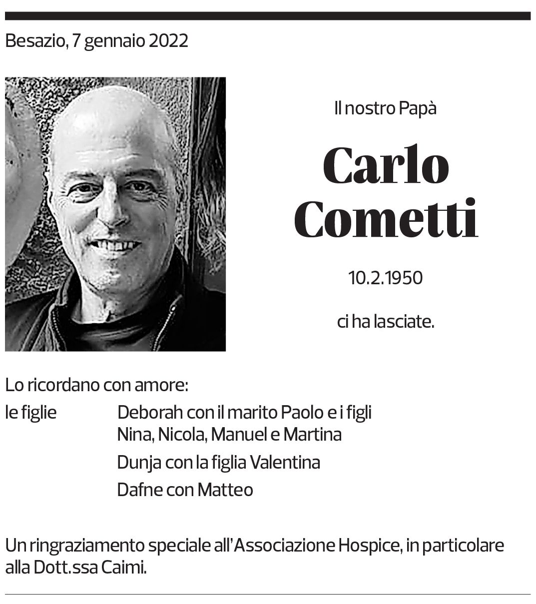 Annuncio funebre Carlo Cometti