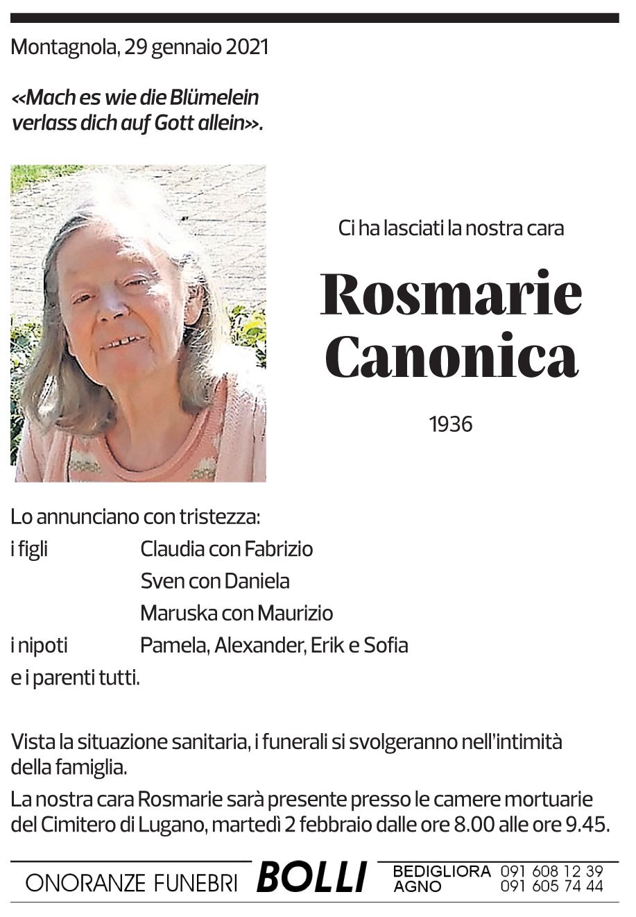 Annuncio funebre Rosmarie Canonica