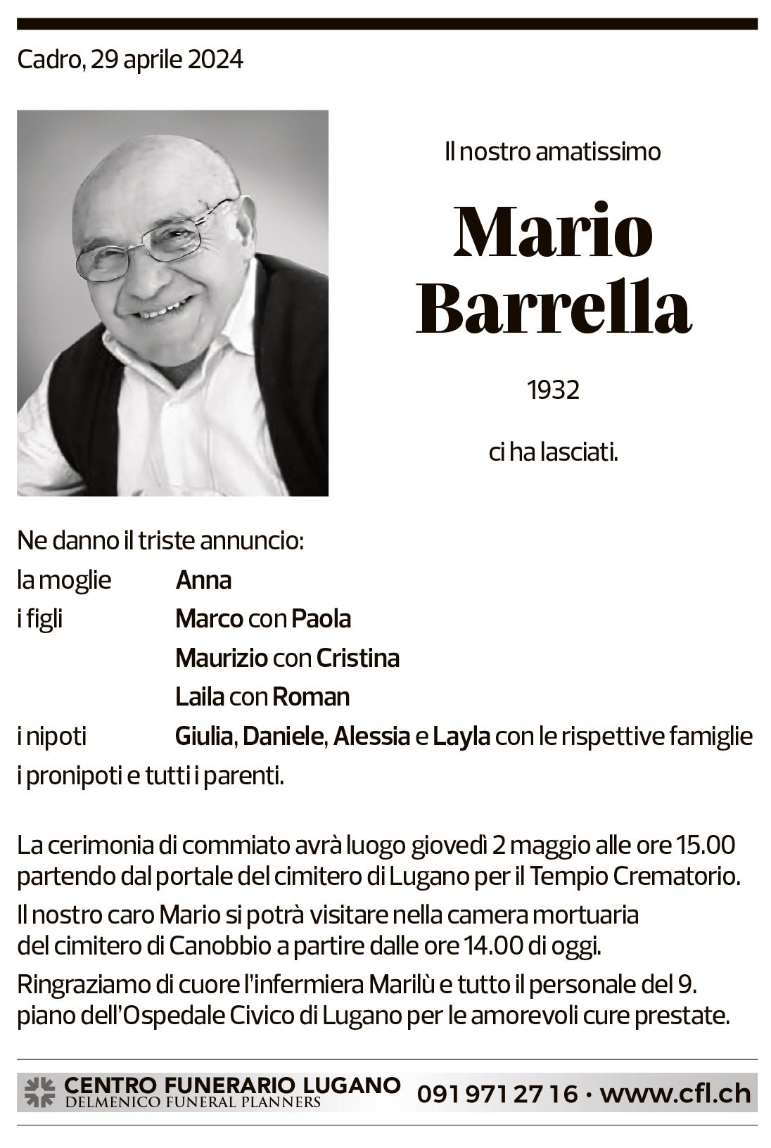 Annuncio funebre Mario Barrella