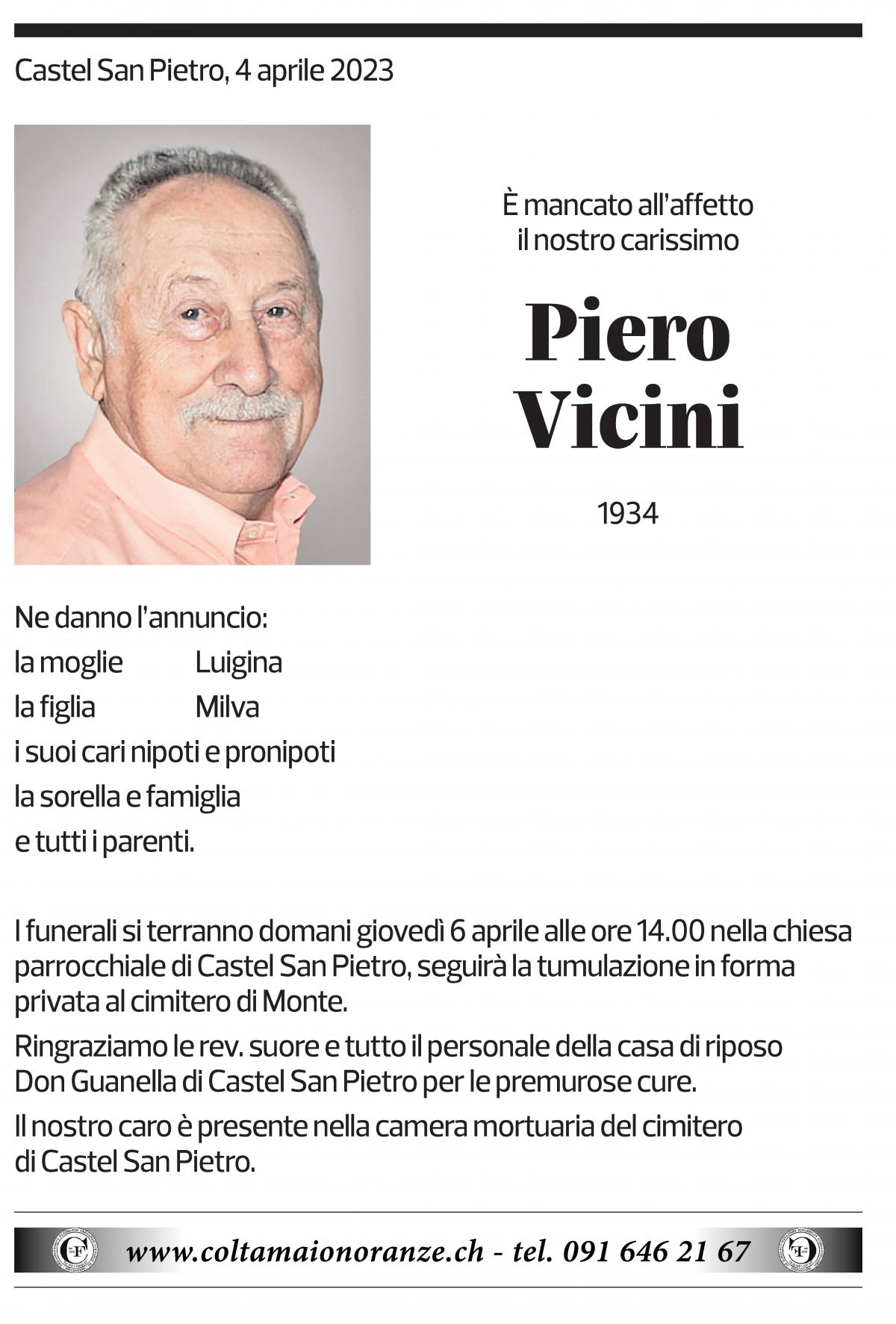 Annuncio funebre Piero Vicini