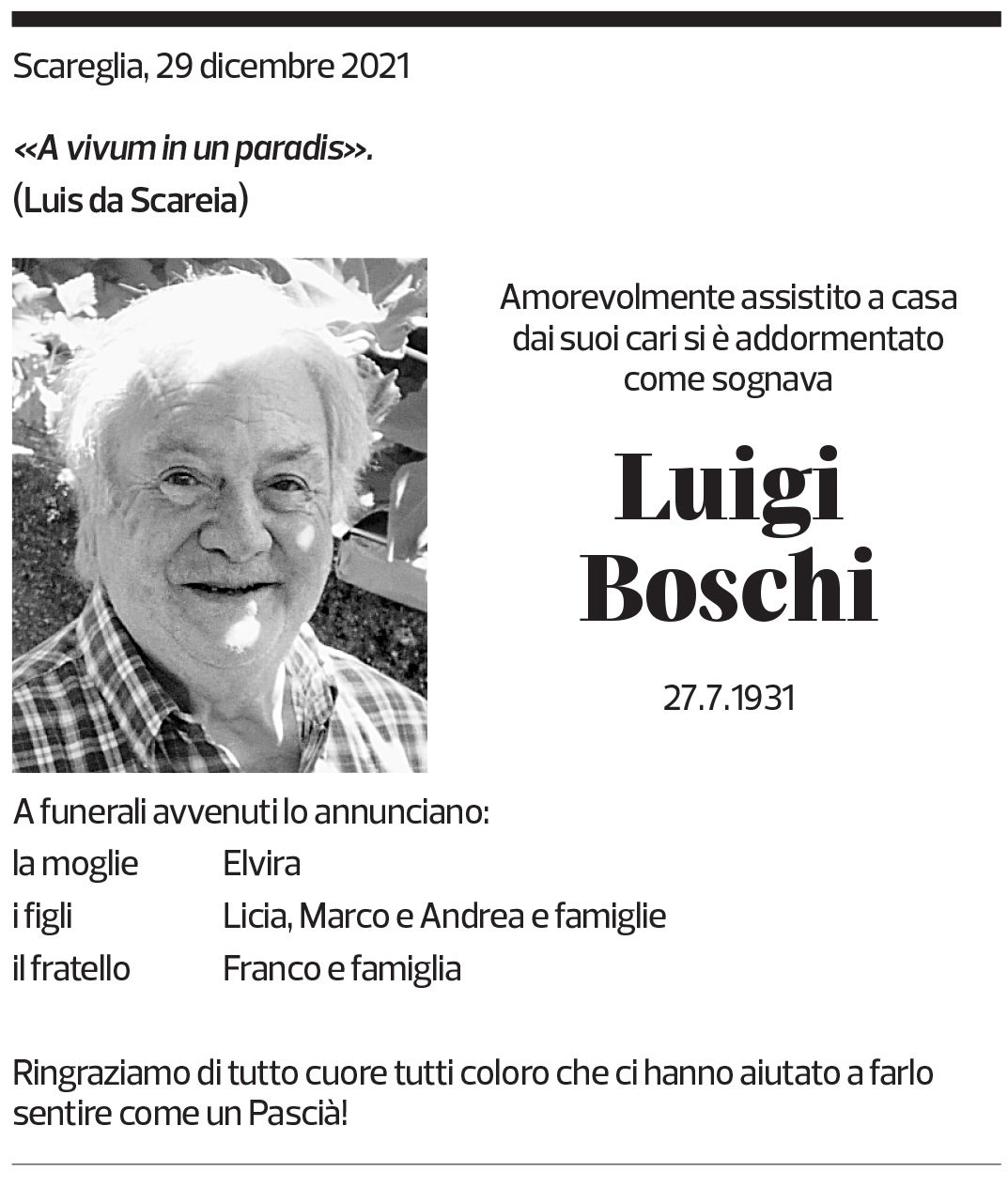 Annuncio funebre Luigi Boschi