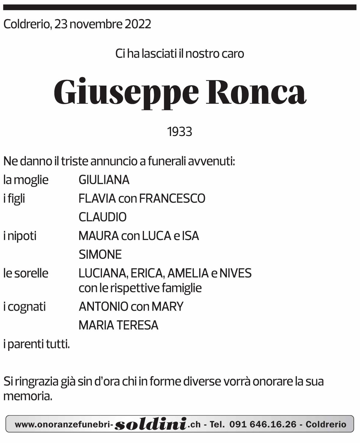 Annuncio funebre Giuseppe Ronca