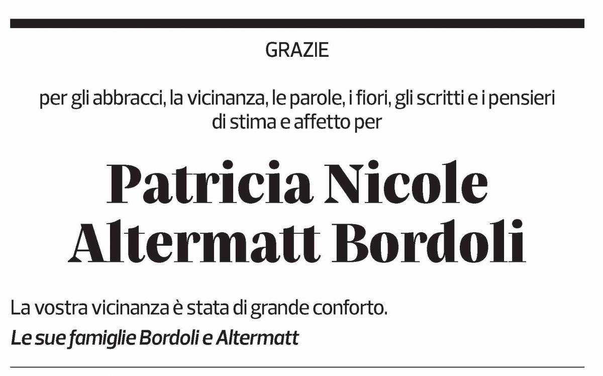 Annuncio funebre Patricia Nicole Altermatt Bordoli