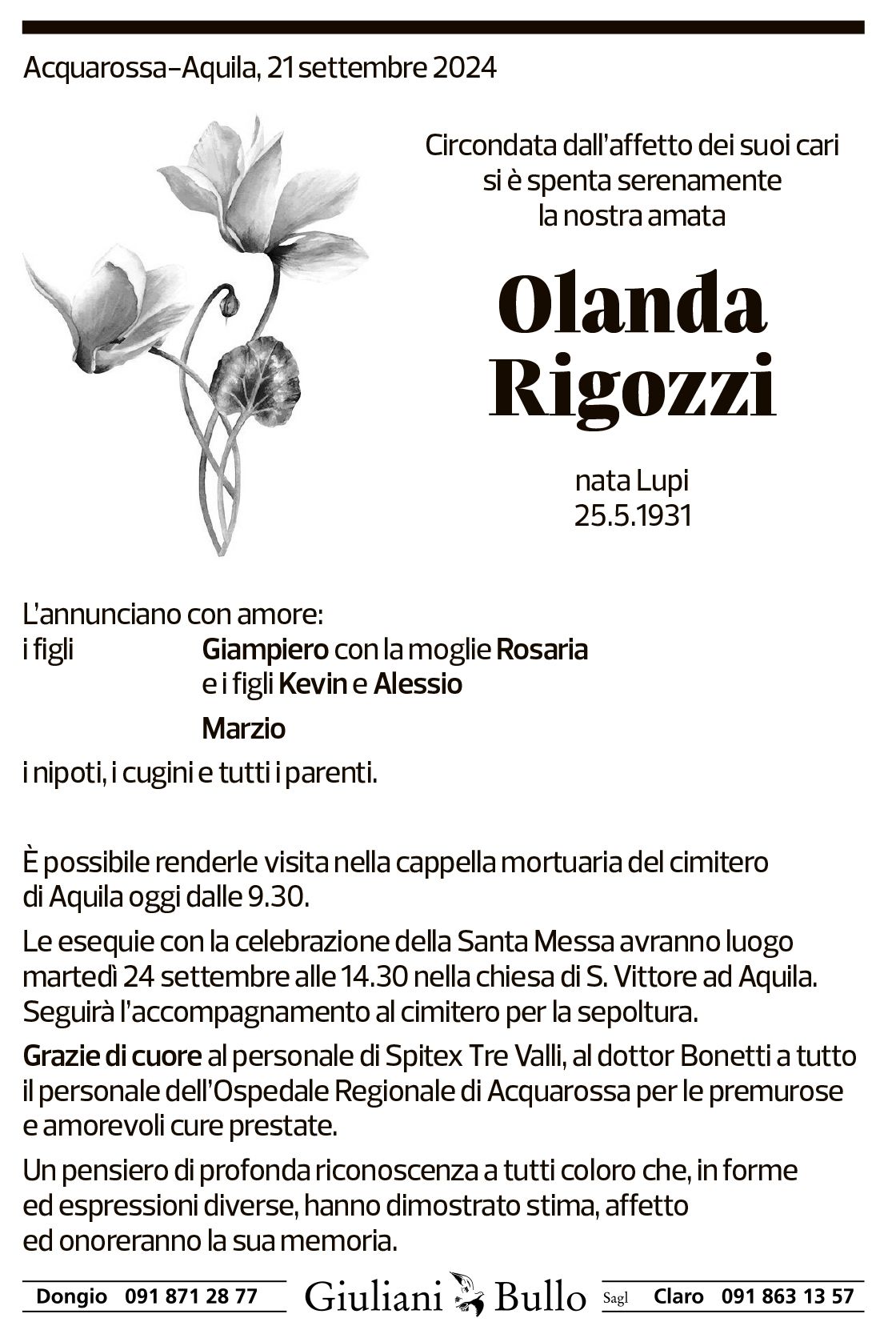 Annuncio funebre Olanda Rigozzi