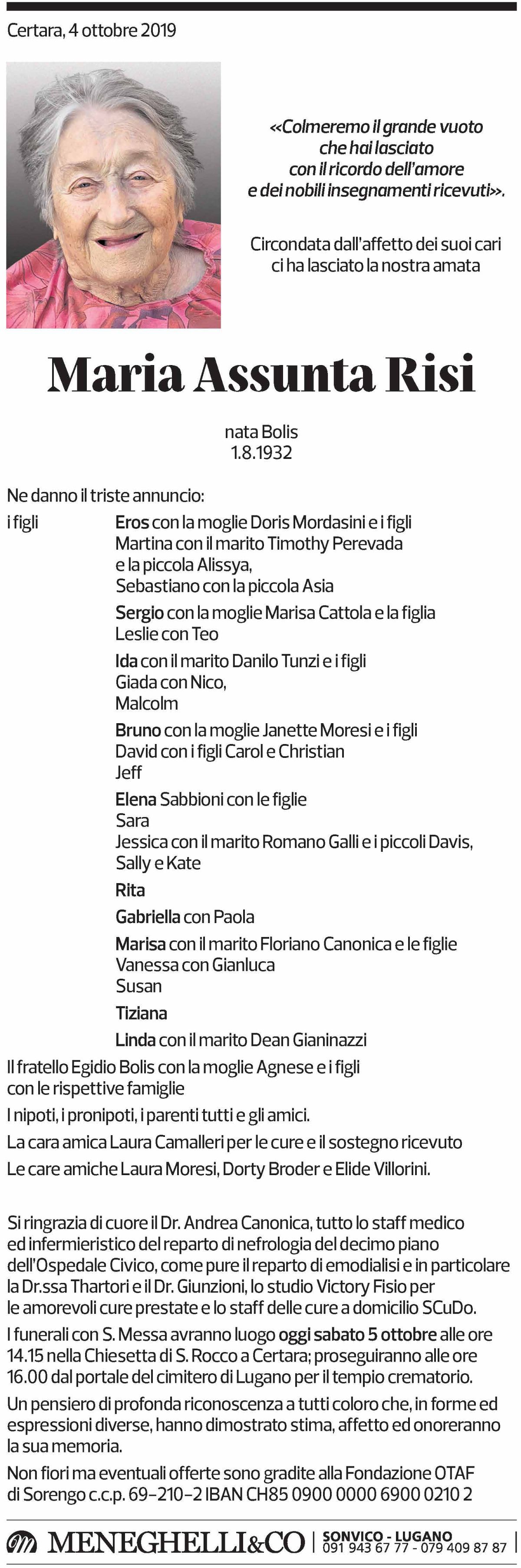 Annuncio funebre Maria Assunta Risi
