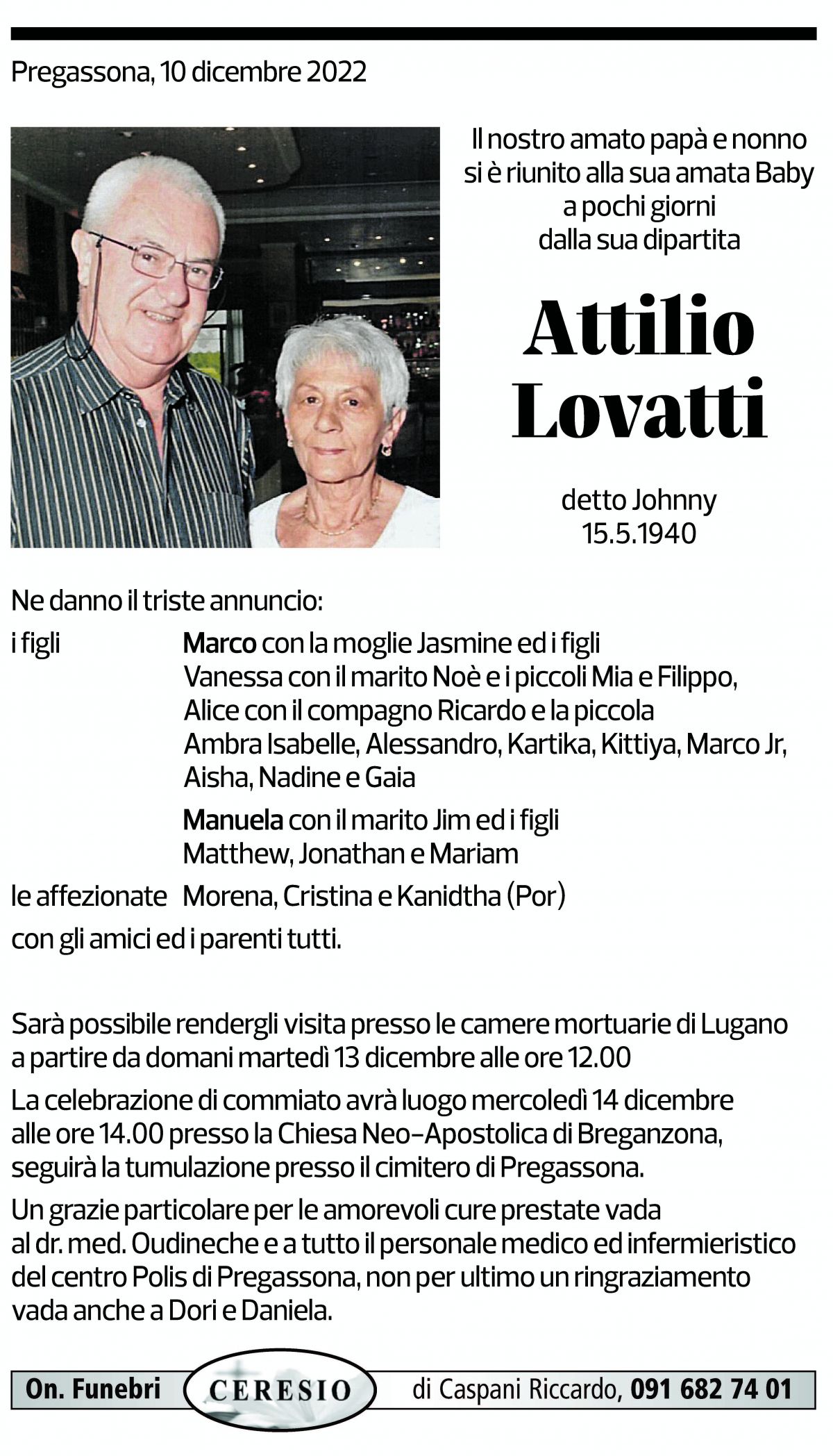 Annuncio funebre Attilio Lovatti