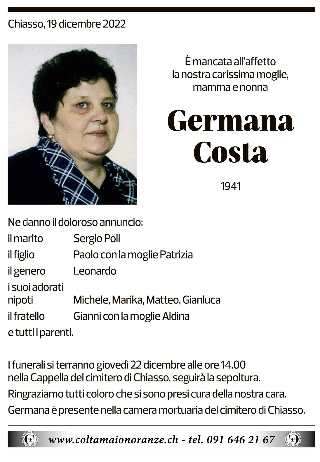 Annuncio funebre Germana Costa