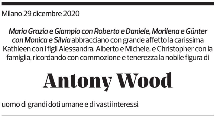 Annuncio funebre Antony Wood
