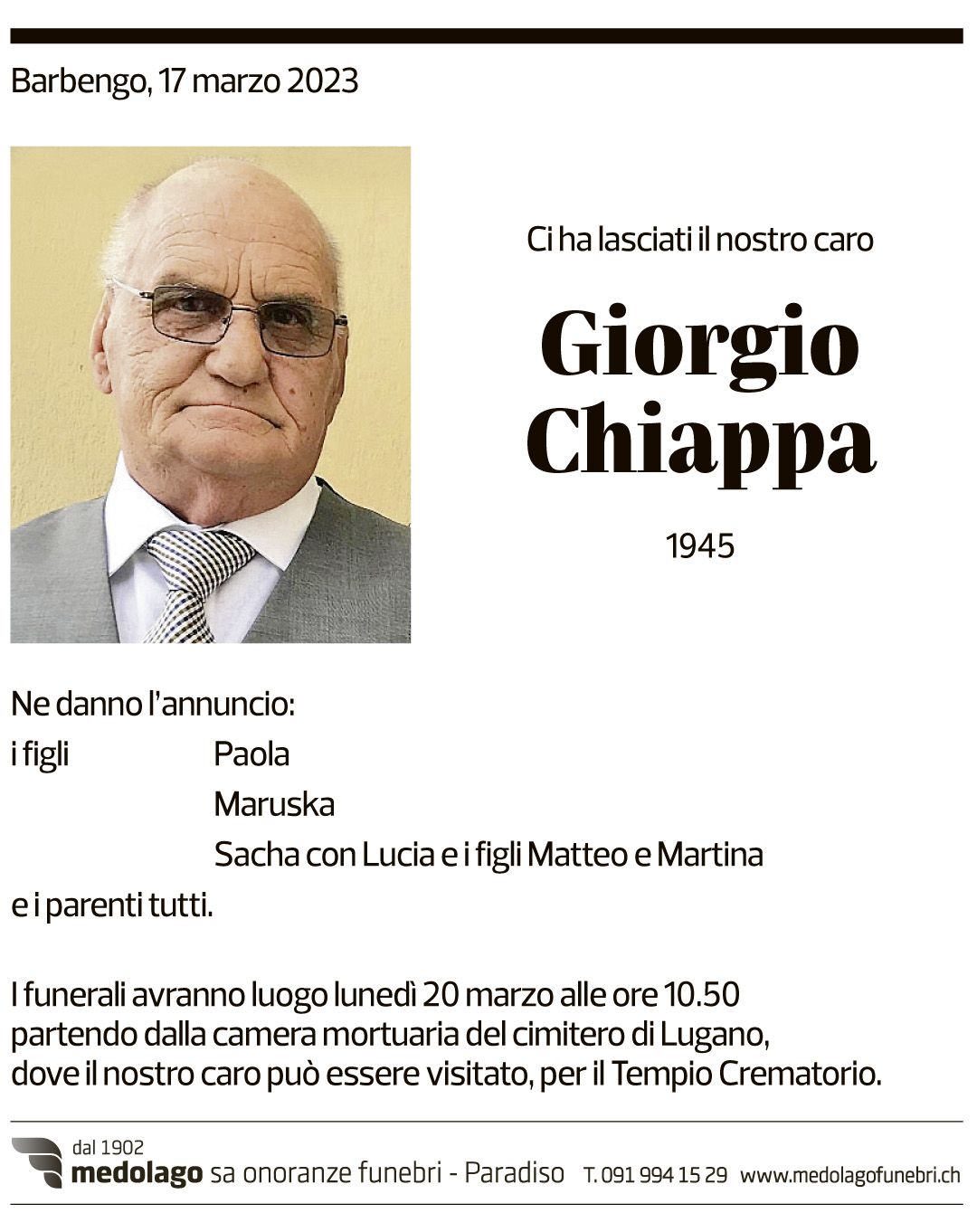 Annuncio funebre Giorgio Chiappa