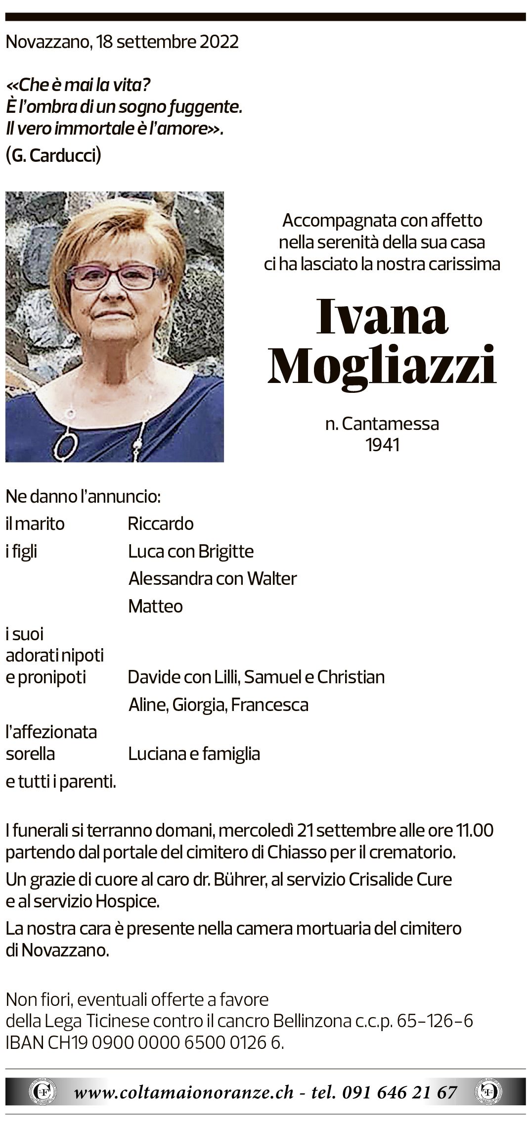 Annuncio funebre Ivana Mogliazzi