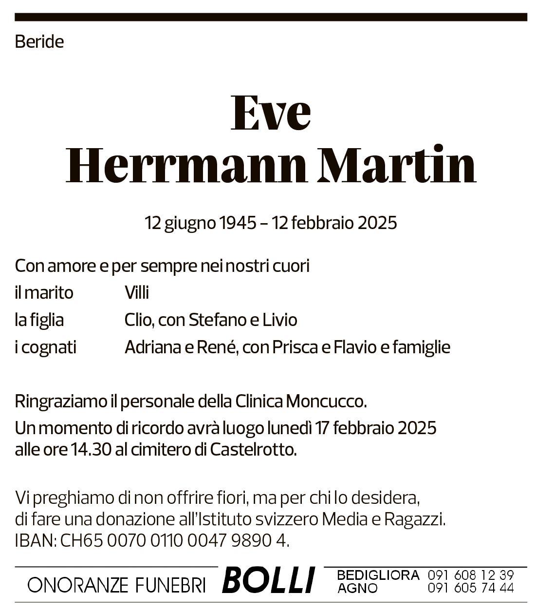 Annuncio funebre Eve Herrmann Martin