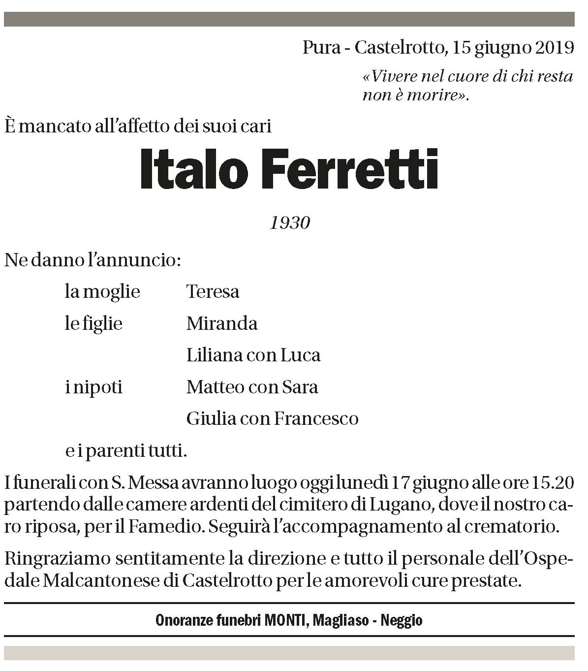 Annuncio funebre Italo Ferretti