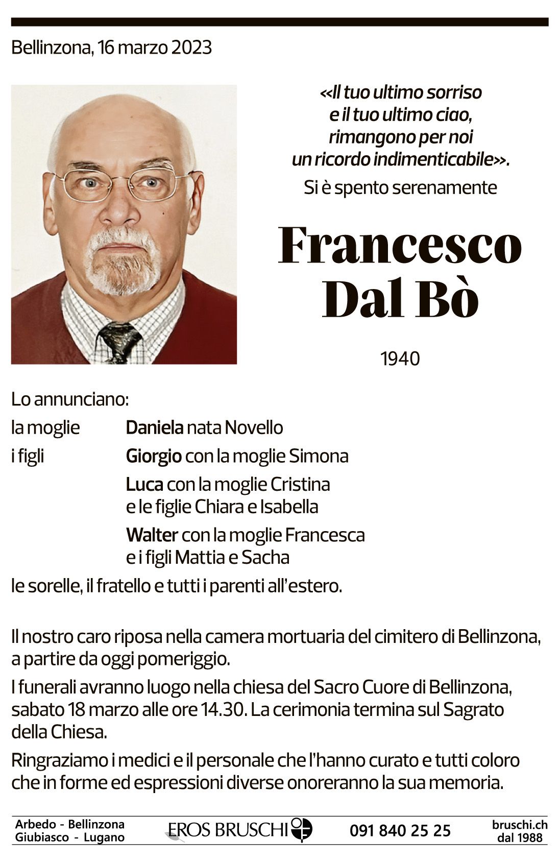 Annuncio funebre Francesco Dal Bò