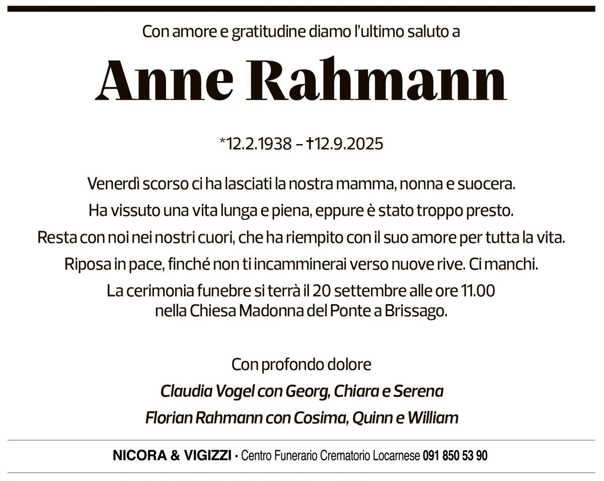 Annuncio funebre Anne Rahmann