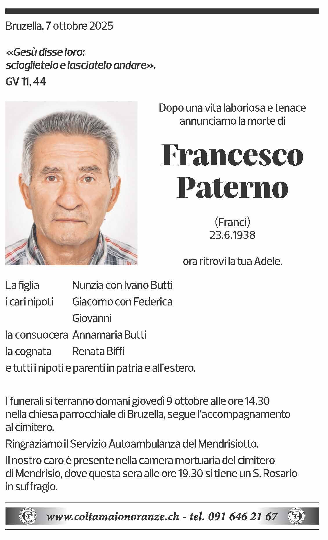 Annuncio funebre Francesco Paterno