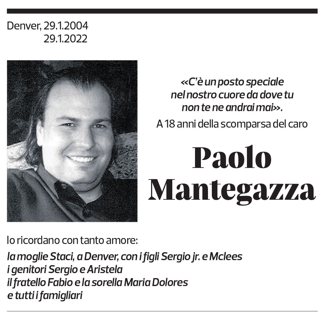 Annuncio funebre Paolo Mantegazza