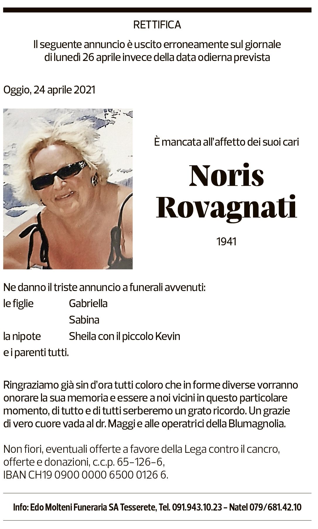 Annuncio funebre Noris Rovagnati