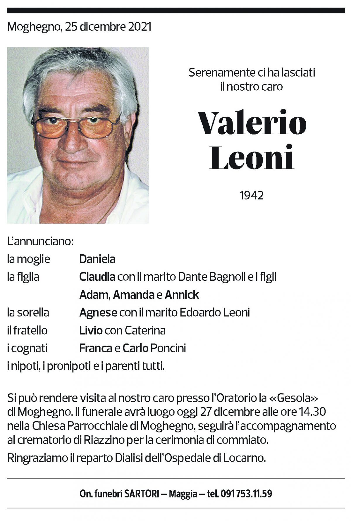 Annuncio funebre Valerio Leoni