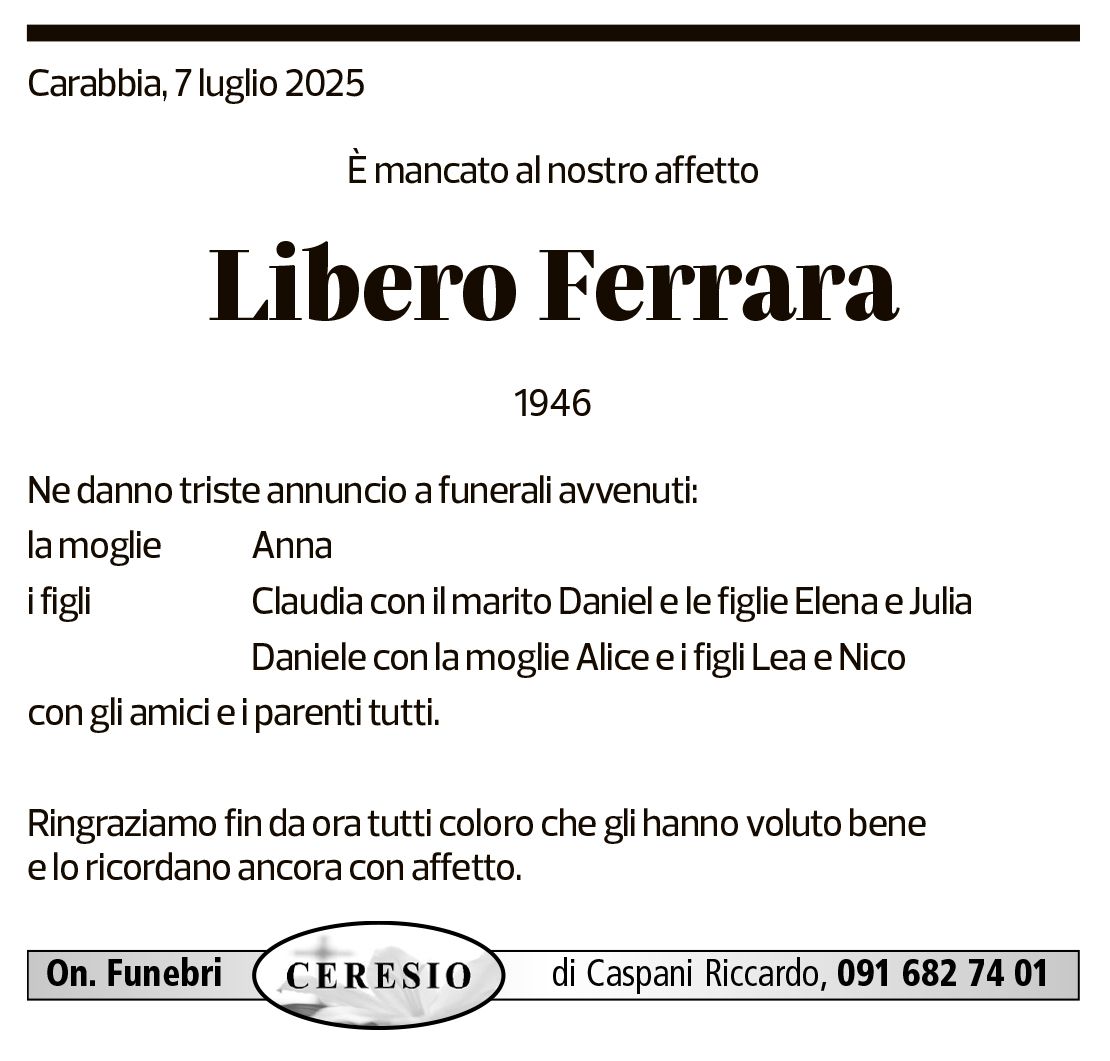 Annuncio funebre Libero Ferrara