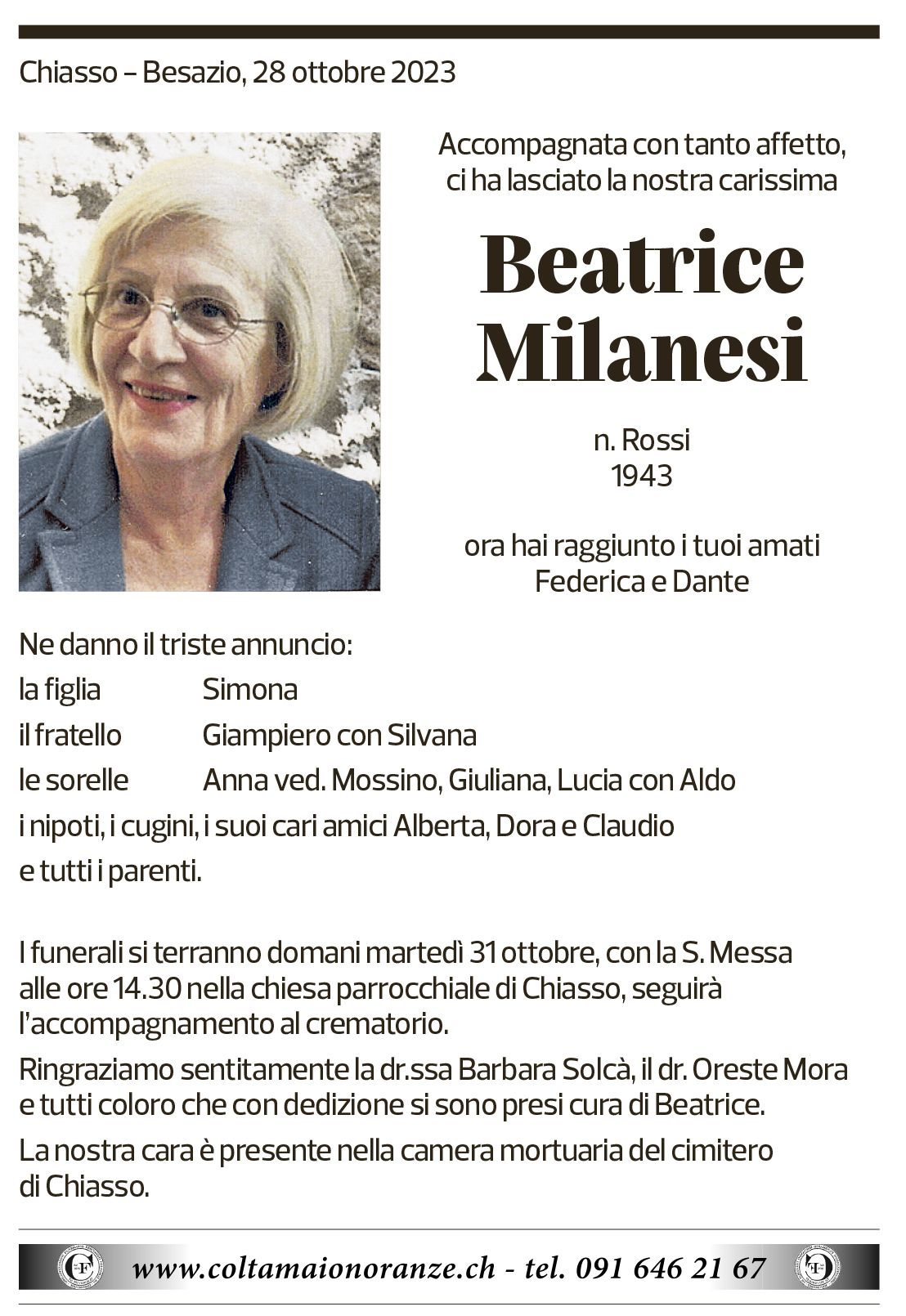 Annuncio funebre Beatrice Milanesi