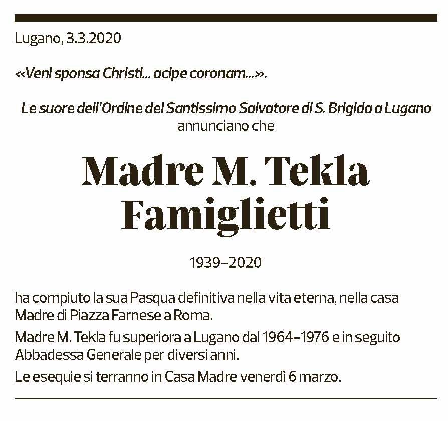 Annuncio funebre Madre M Tekla Famiglietti