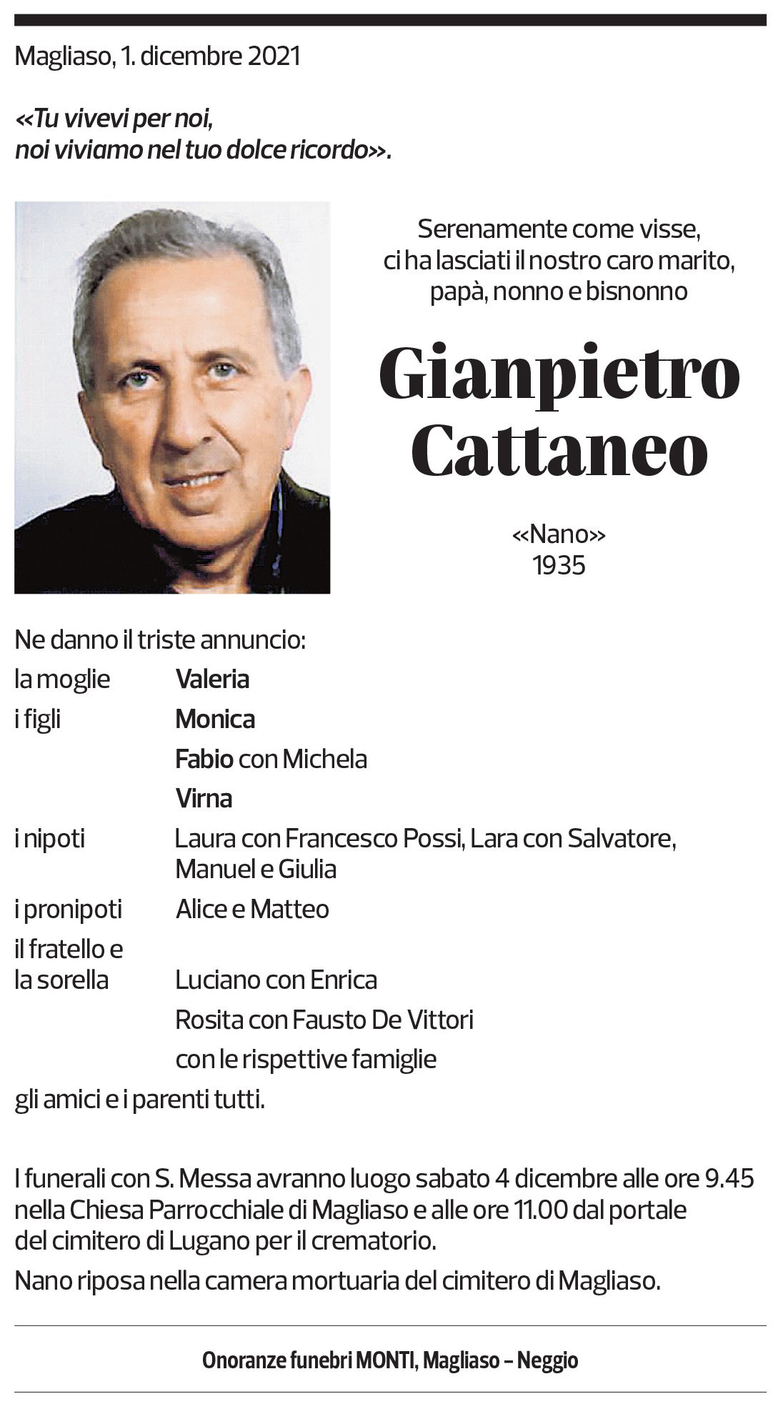 Annuncio funebre Gianpietro Cattaneo