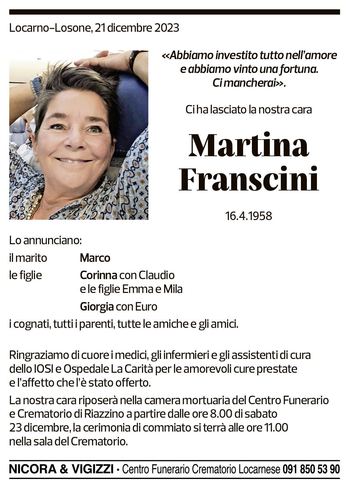 Annuncio funebre Martina Franscini