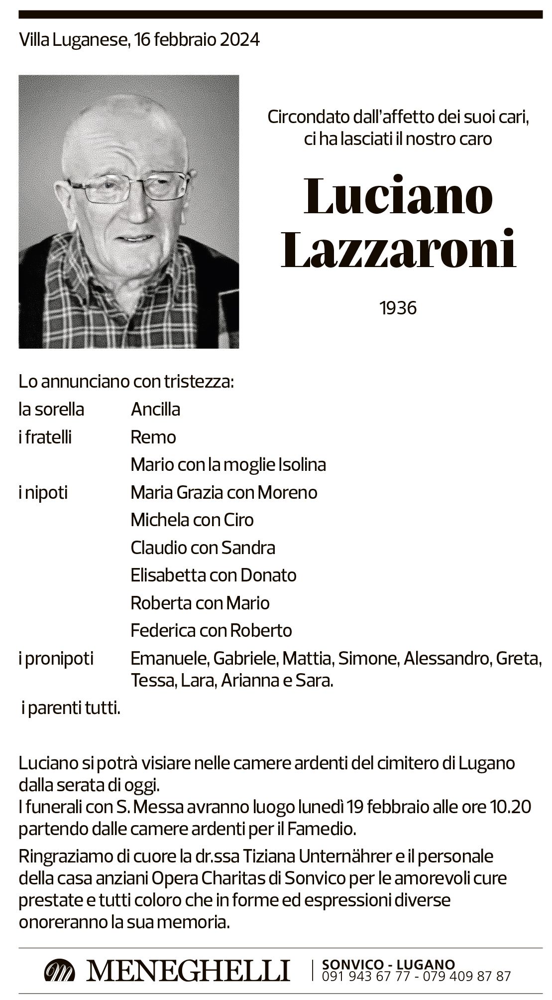 Annuncio funebre Luciano Lazzaroni