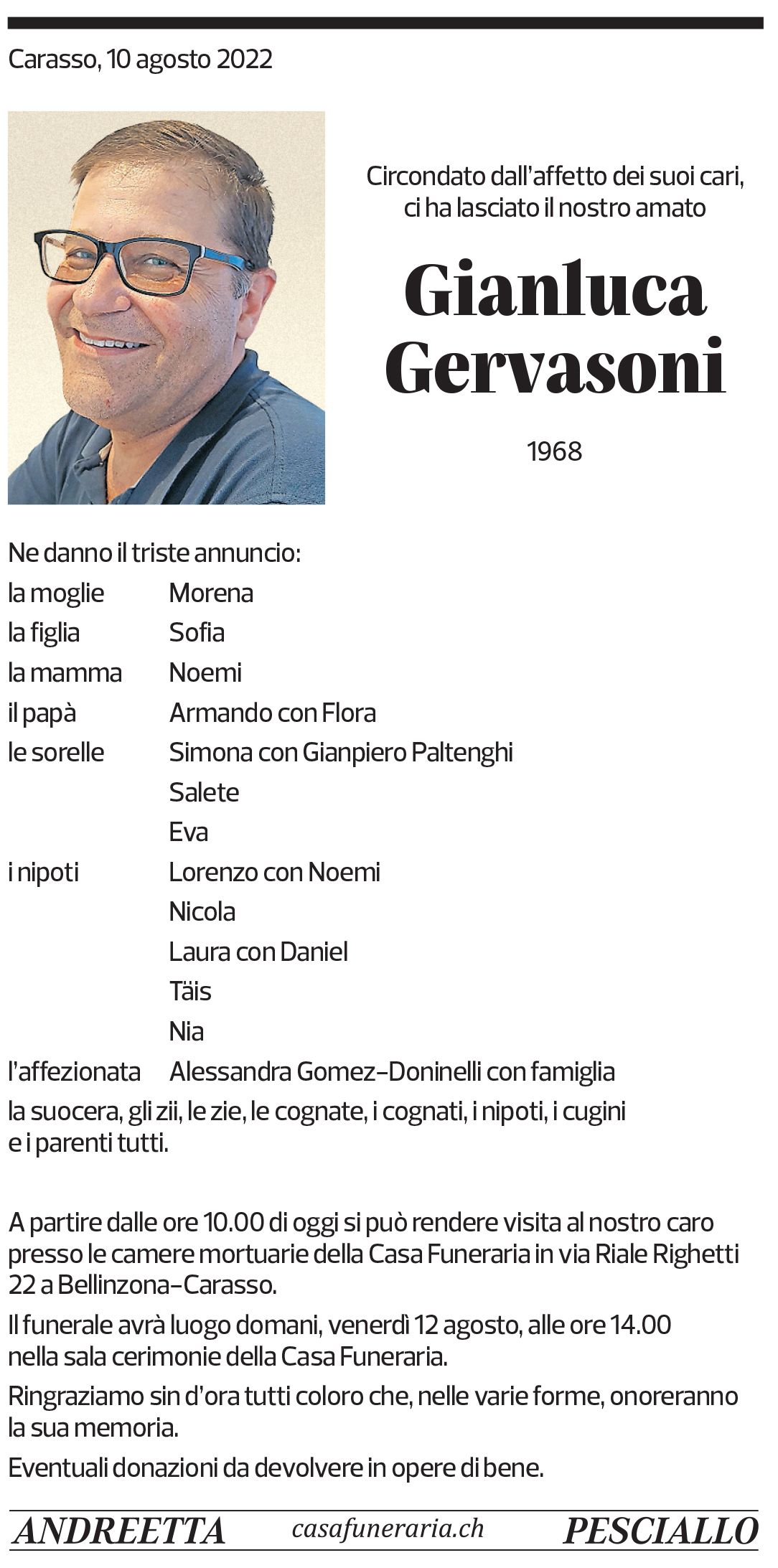 Annuncio funebre Gianluca Gervasoni