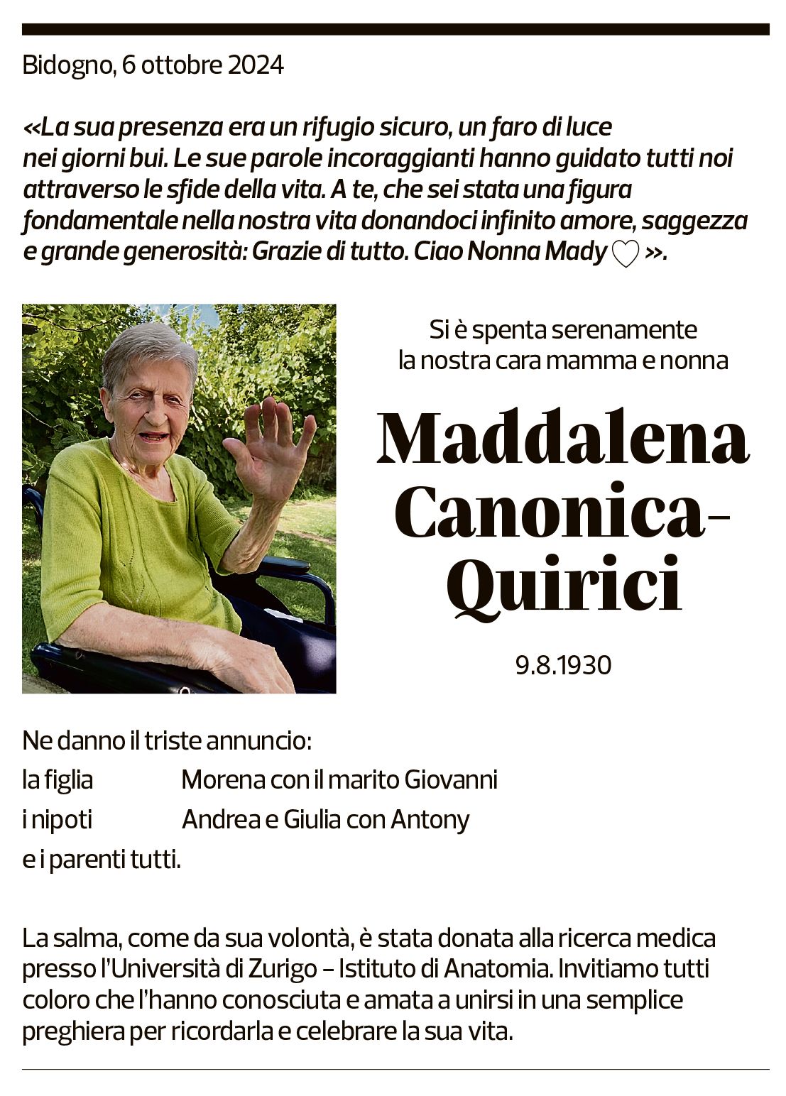 Annuncio funebre Maddalena Canonica-quirici