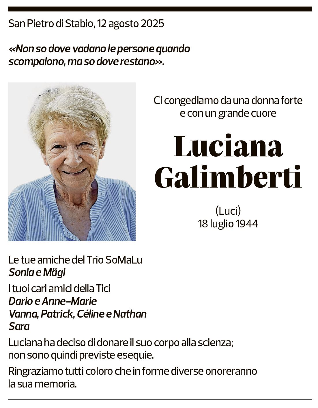 Annuncio funebre Luciana Galimberti