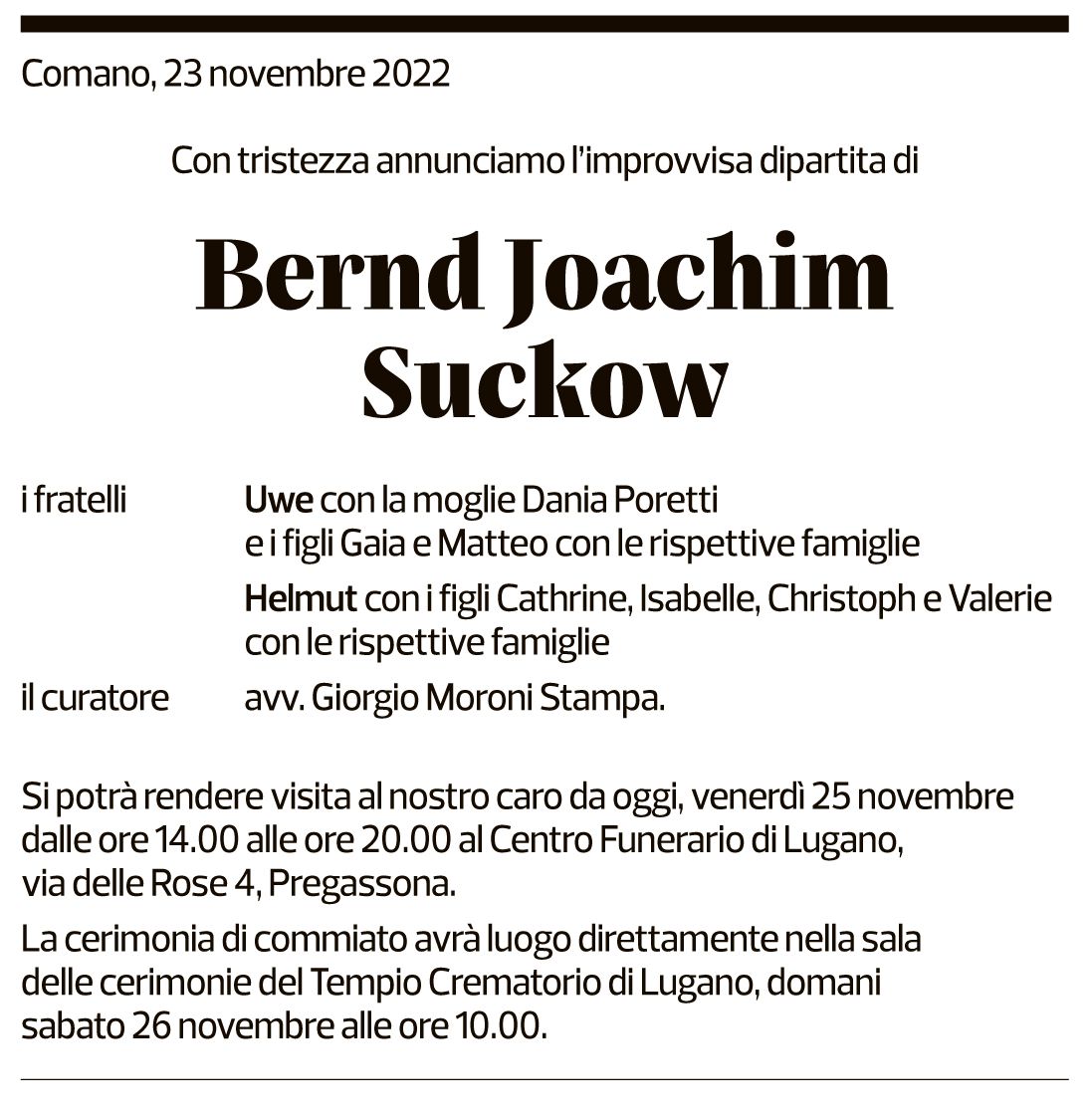 Annuncio funebre Bernd Joachim Suckow