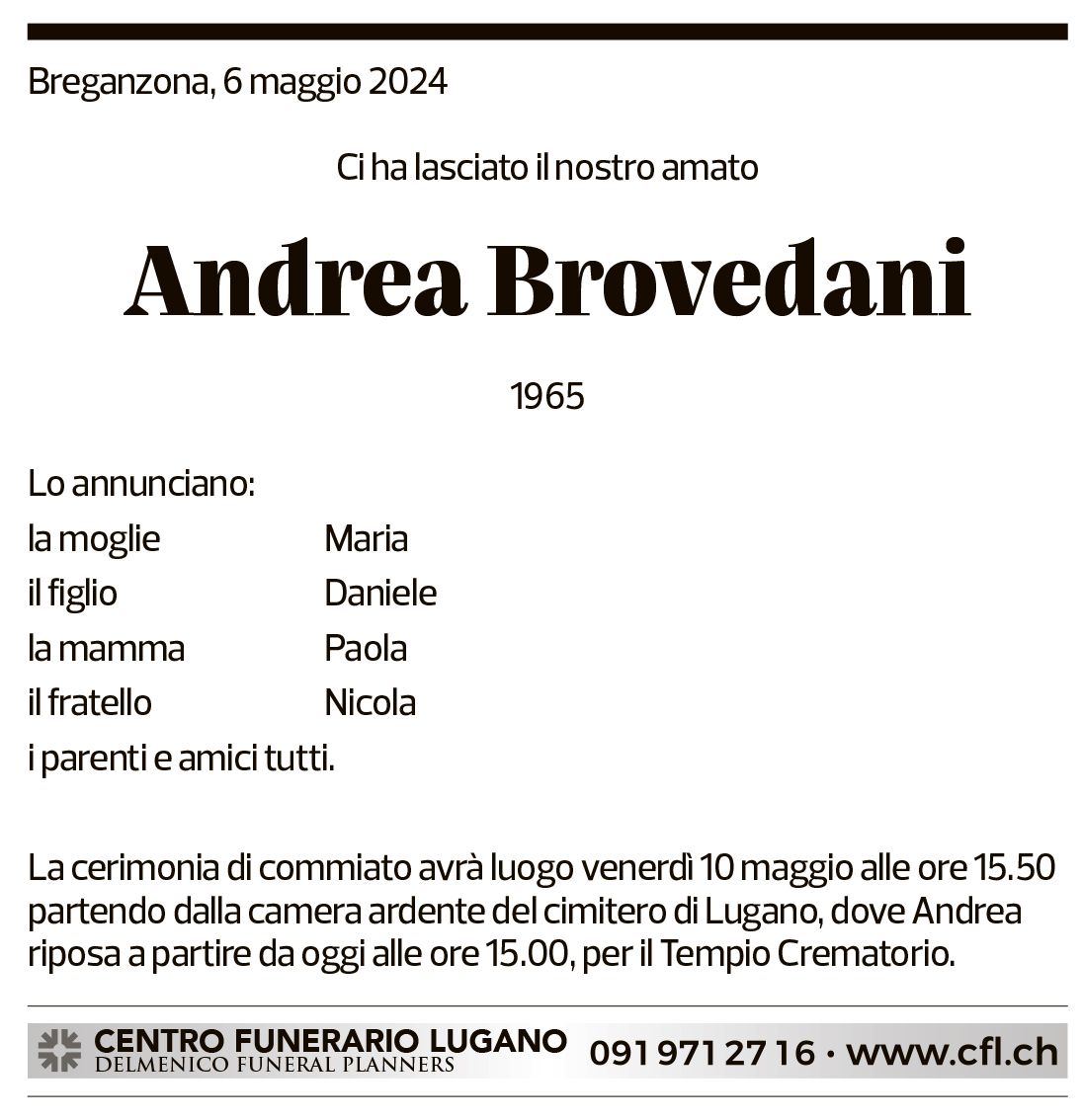 Annuncio funebre Andrea Brovedani