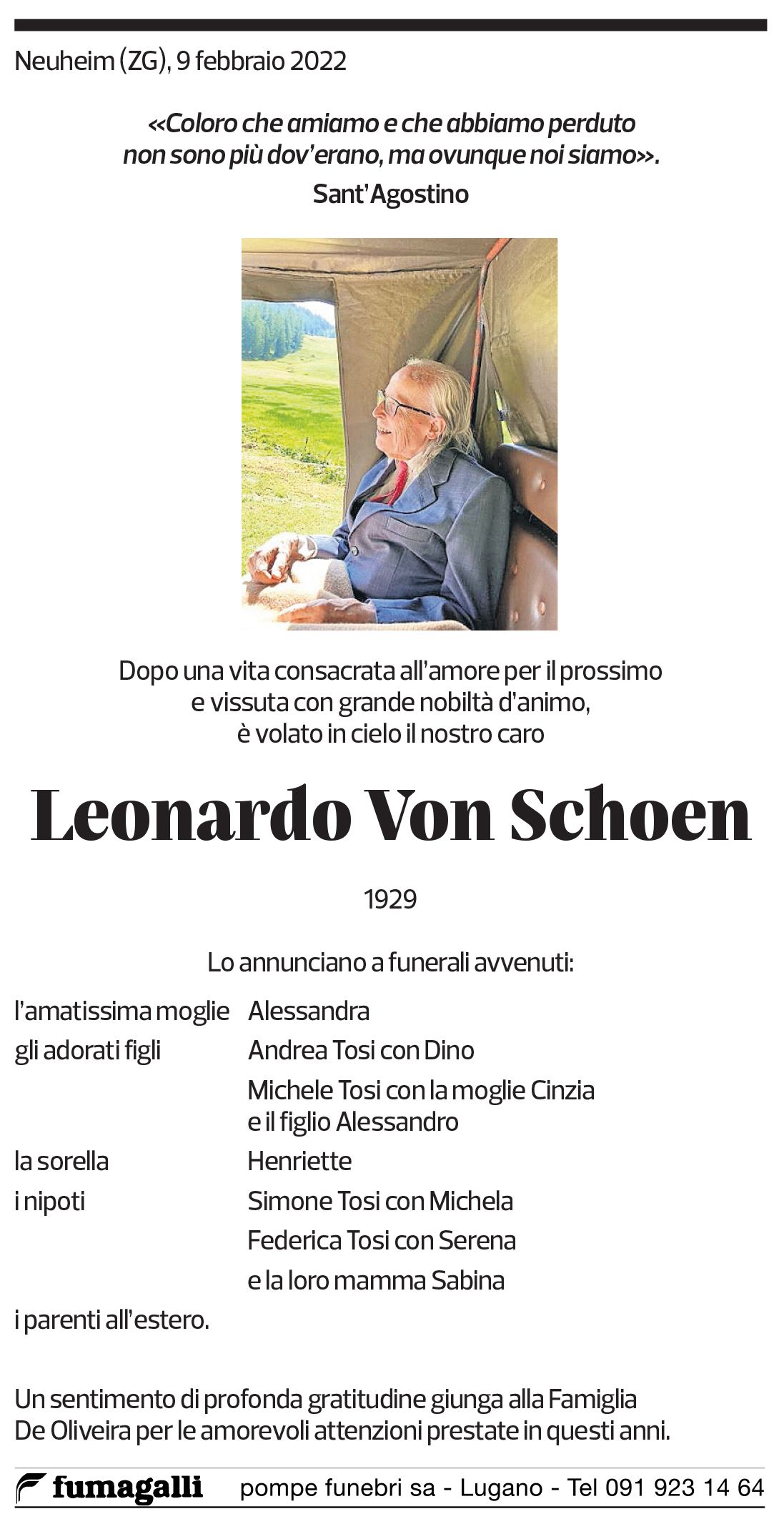 Annuncio funebre Leonardo Von Schoen