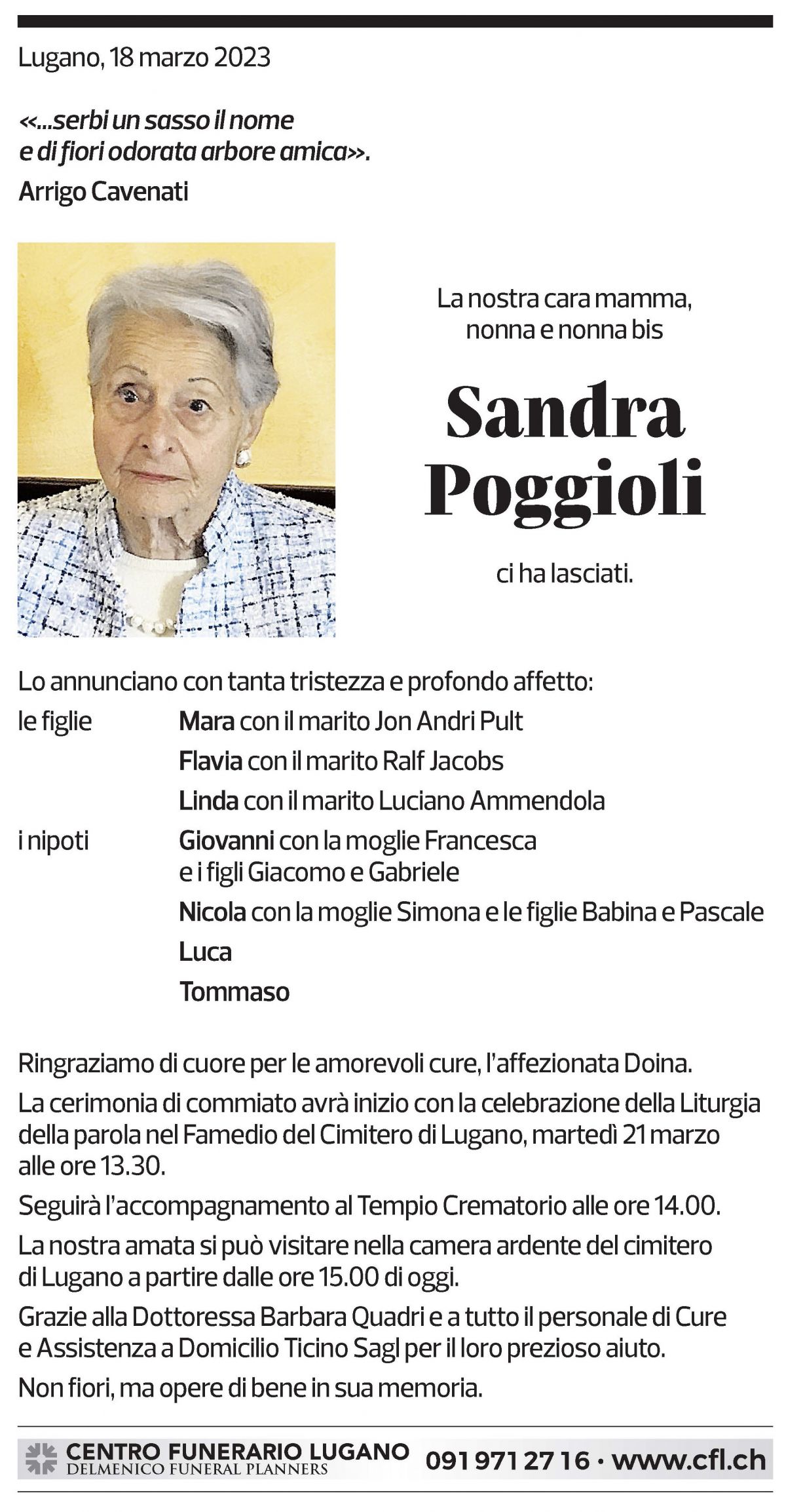 Annuncio funebre Sandra Poggioli